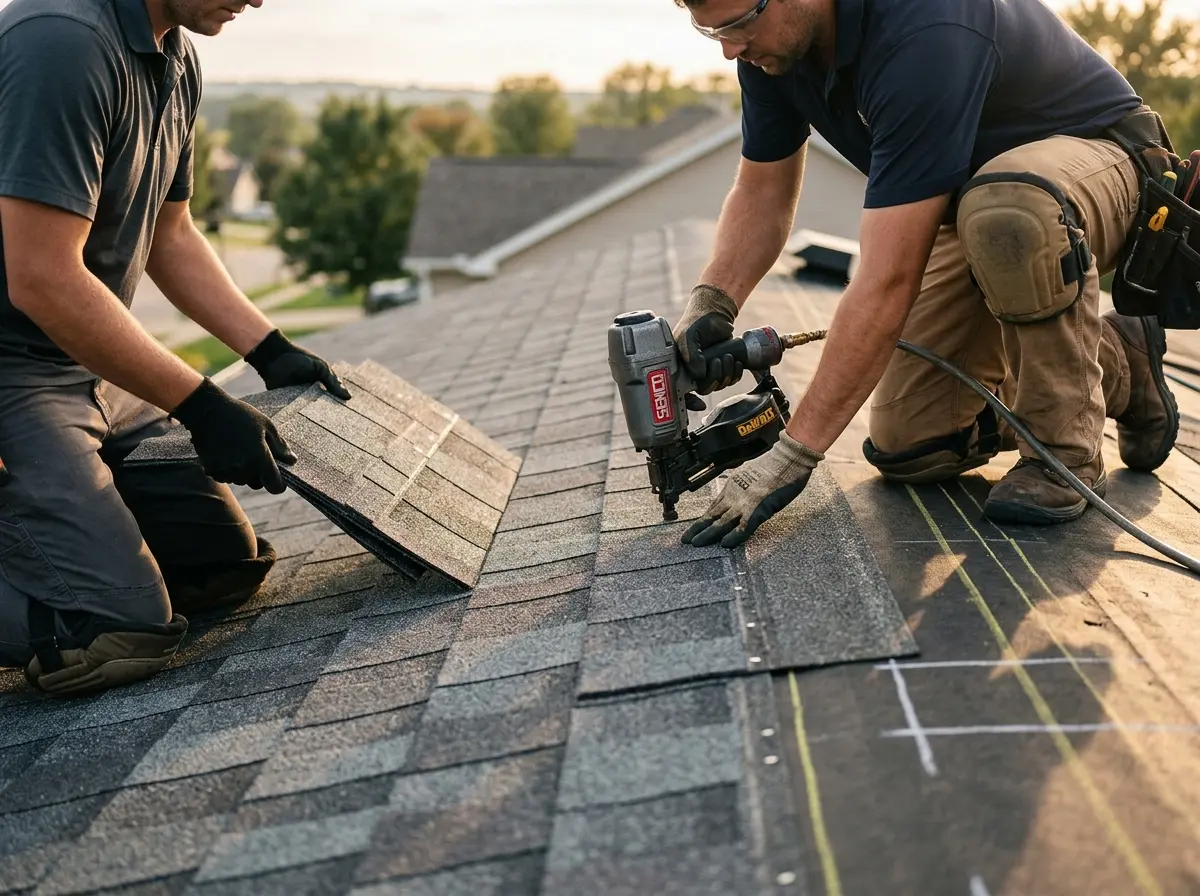 Professional roofer working on a residential roof in Collierville